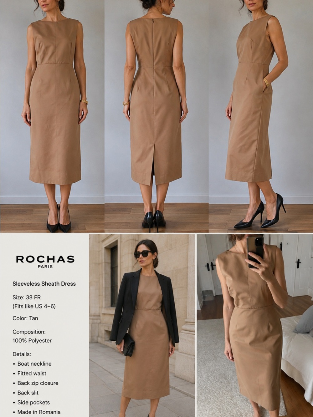 Rochas Tan Sleeveless Boatneck Sheath Dress